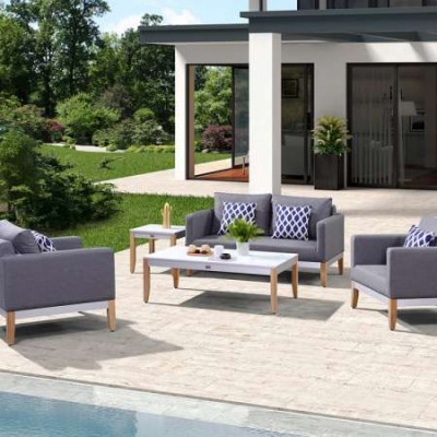 Elegant style teak legs brushed aluminum frame garden sofa set modern patio furniture